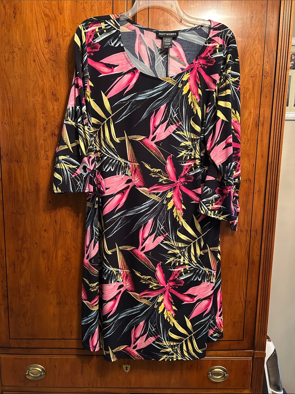 Softworks Tropical Print Mini Dress in Black and Pink…Dress comes to the knee!